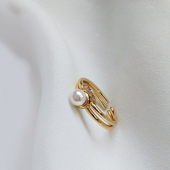 Gold Vermeil Double Layered Pearl Ring CZ Ring for Her Dainty Ring for Her - Picture 3 of 8